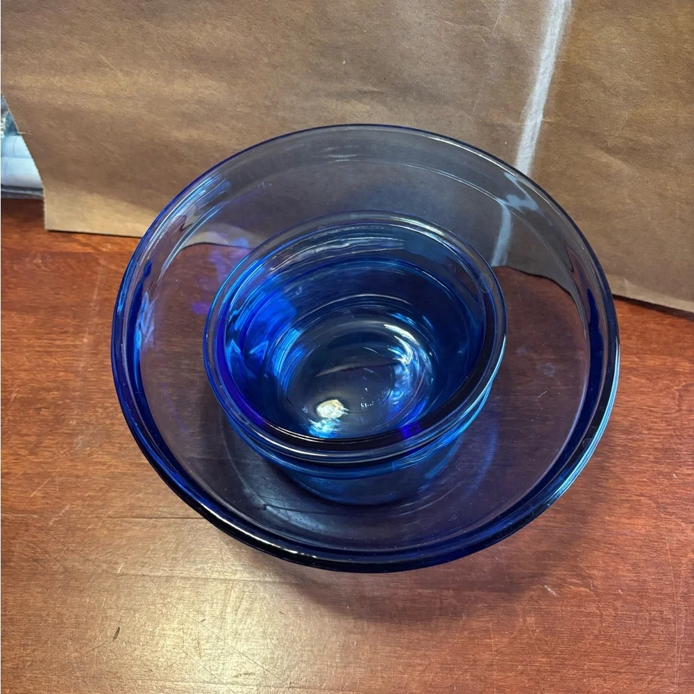 Anchor Hocking Set of Blue Glass Mixing Bowl and 2 prep bowls.